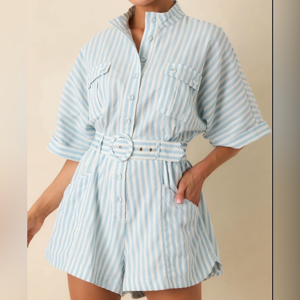 Striped Light Blue Cotton Romper with Belt
